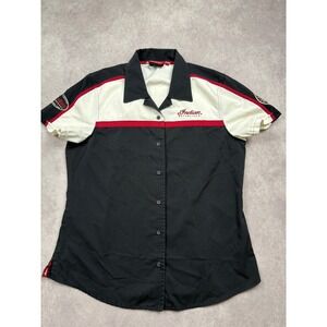 Indian Motorcycle Women L Black Red Short Sleeve Button Shirt Retro Patches